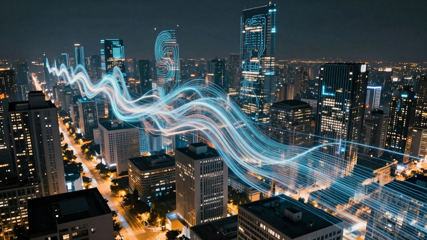 Futuristic cityscape with glowing data streams.