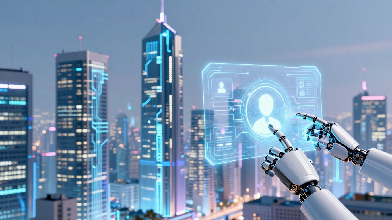 AI customer support automation with futuristic cityscape and robotic hands.