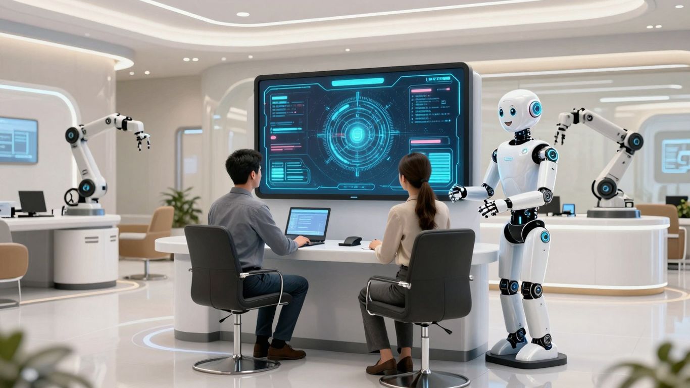 AI robot assisting customer in a futuristic bank.