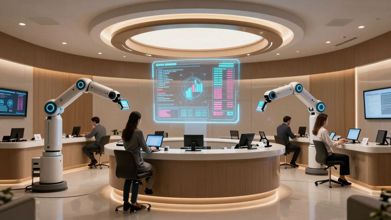 AI assisting customers in a futuristic bank.