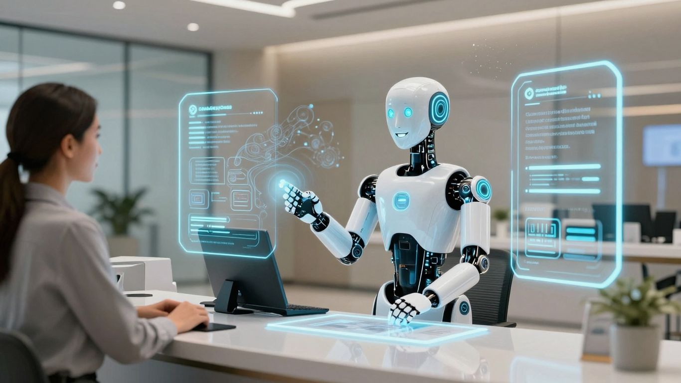 AI robot assisting customer in futuristic bank lobby.