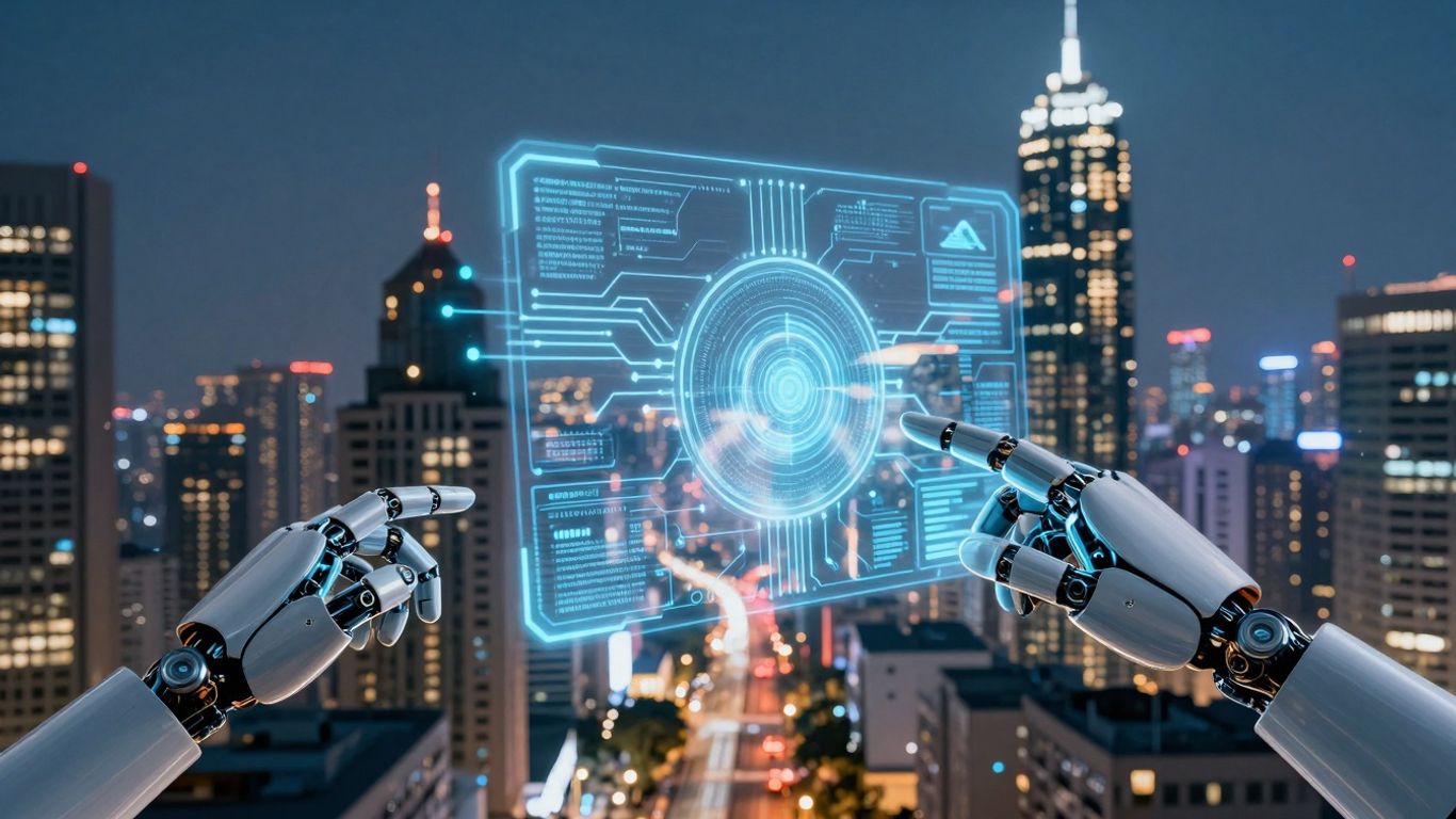 AI customer support automation futuristic cityscape