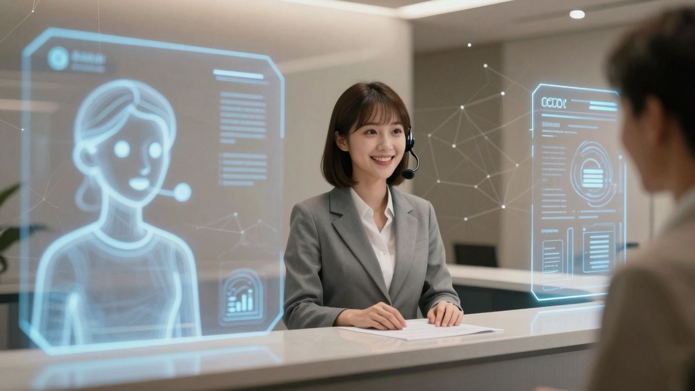 AI receptionist interface with holographic elements and digital avatar.