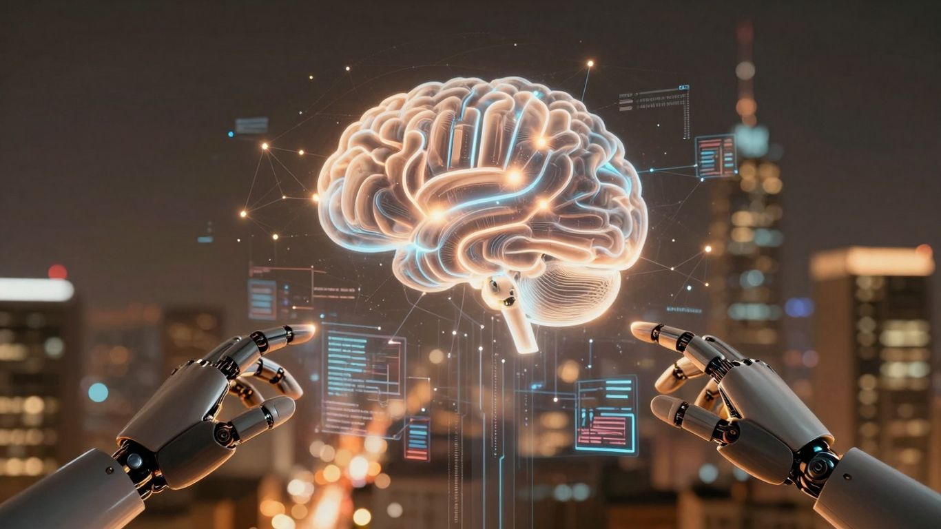 AI brain and robotic hands interacting with data streams.