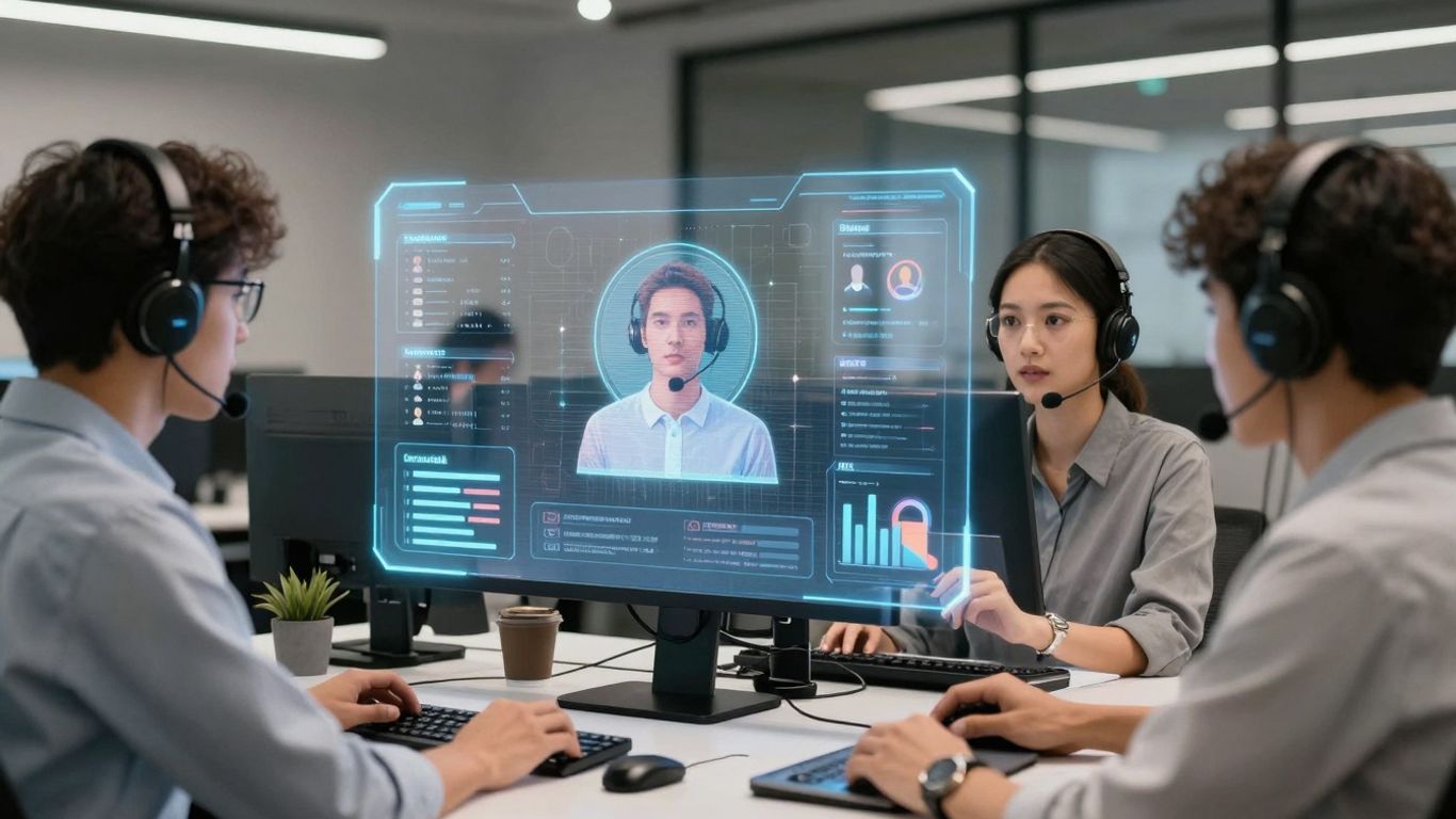 AI customer support interface in a modern office.