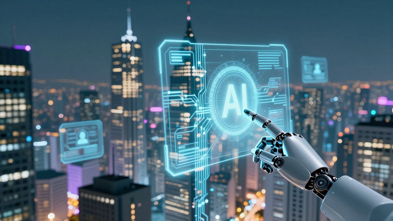 AI circuits in a futuristic cityscape with robotic hands.