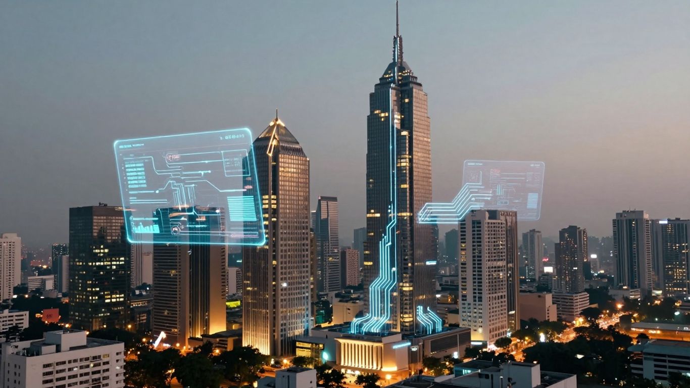 AI circuits integrated into a futuristic cityscape.