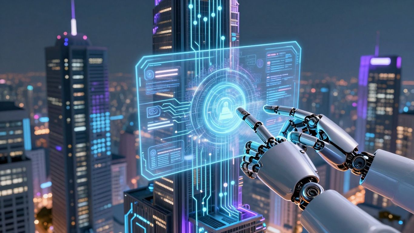 AI customer support automation in a futuristic city.