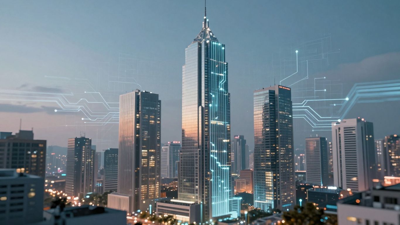 AI circuits in a futuristic cityscape