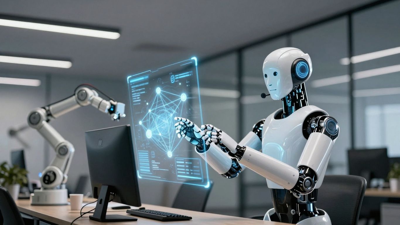 AI robot arm interacting with a futuristic holographic interface.