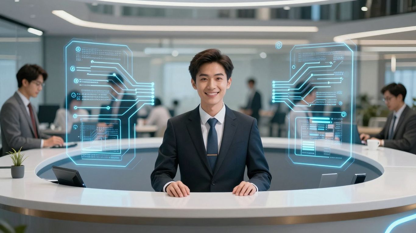 AI receptionist interface with digital avatar and office background.