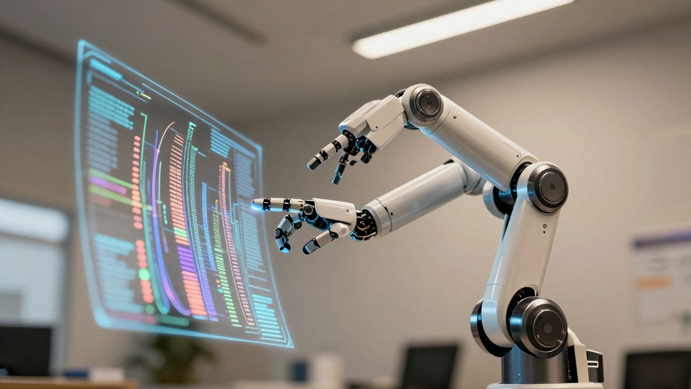 AI robot arm interacting with digital interface
