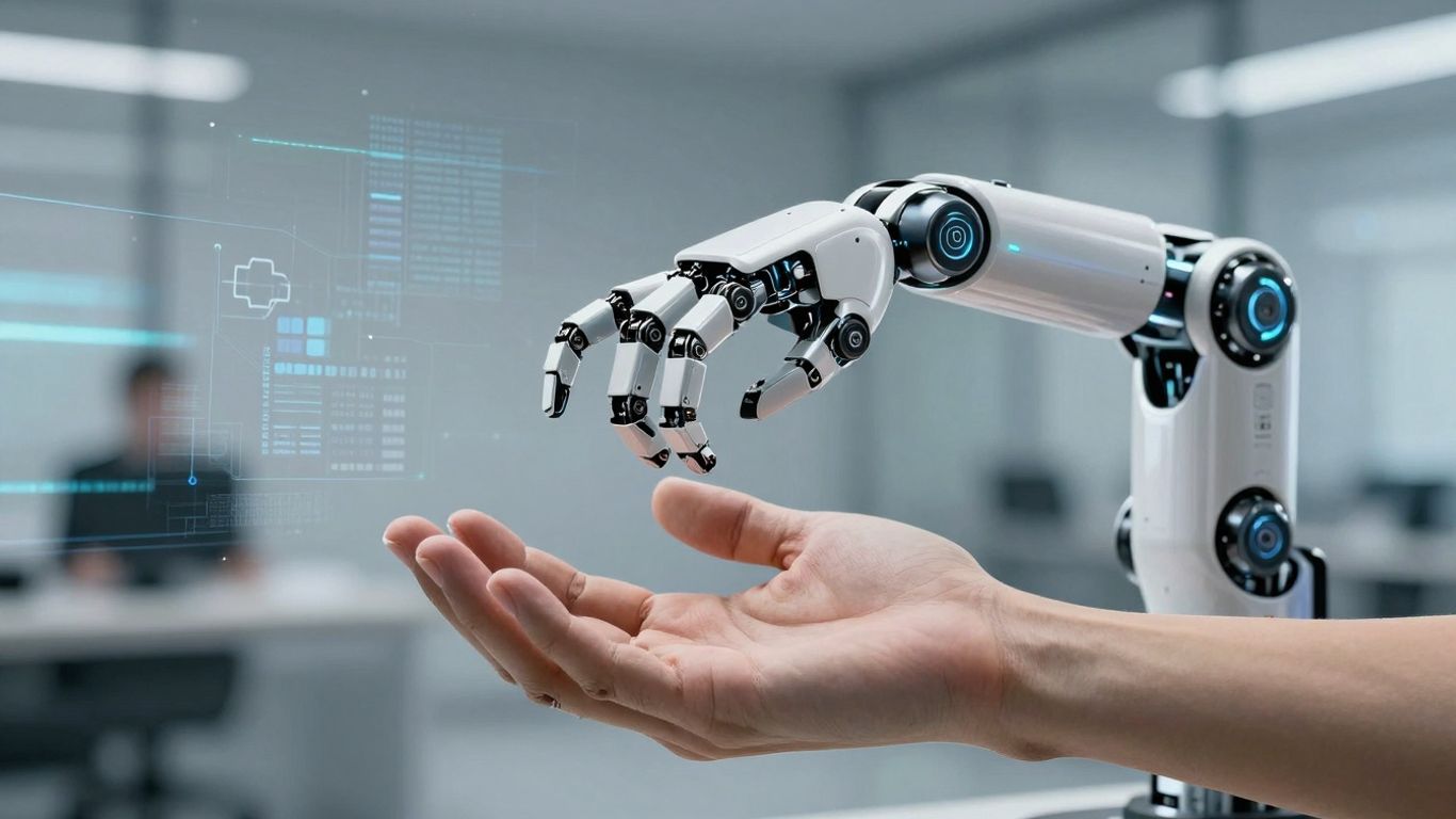 AI robot and human hand collaborating for efficiency.