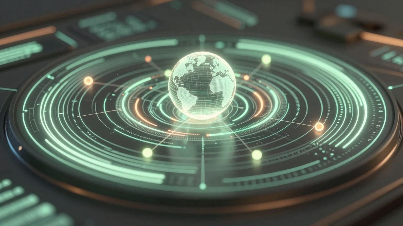 AI analytics dashboard with glowing data streams and nodes.