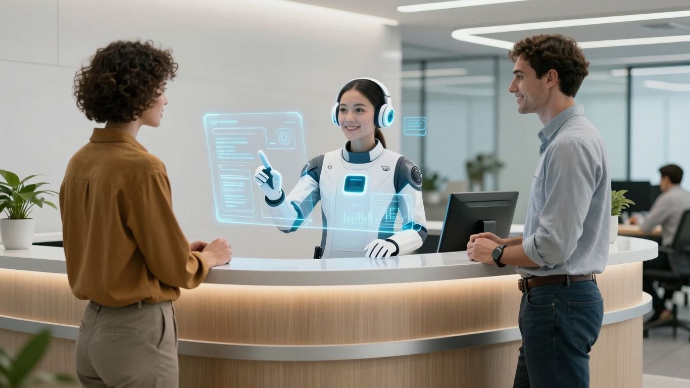 AI receptionist assisting a customer in a modern office.
