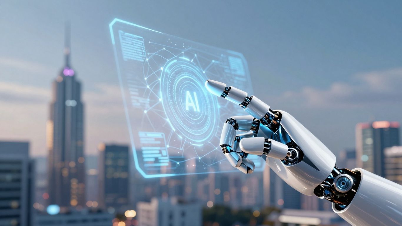 Futuristic cityscape with AI interface and robot hand.