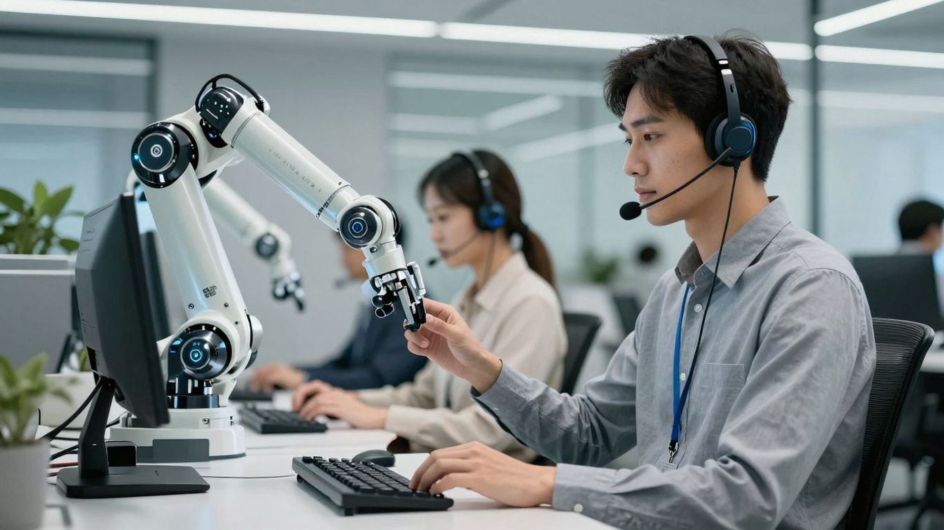 AI robot arm assisting with customer support headset.