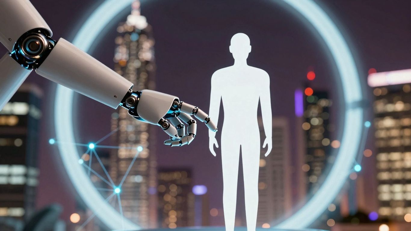 AI assisting a customer in a futuristic setting.