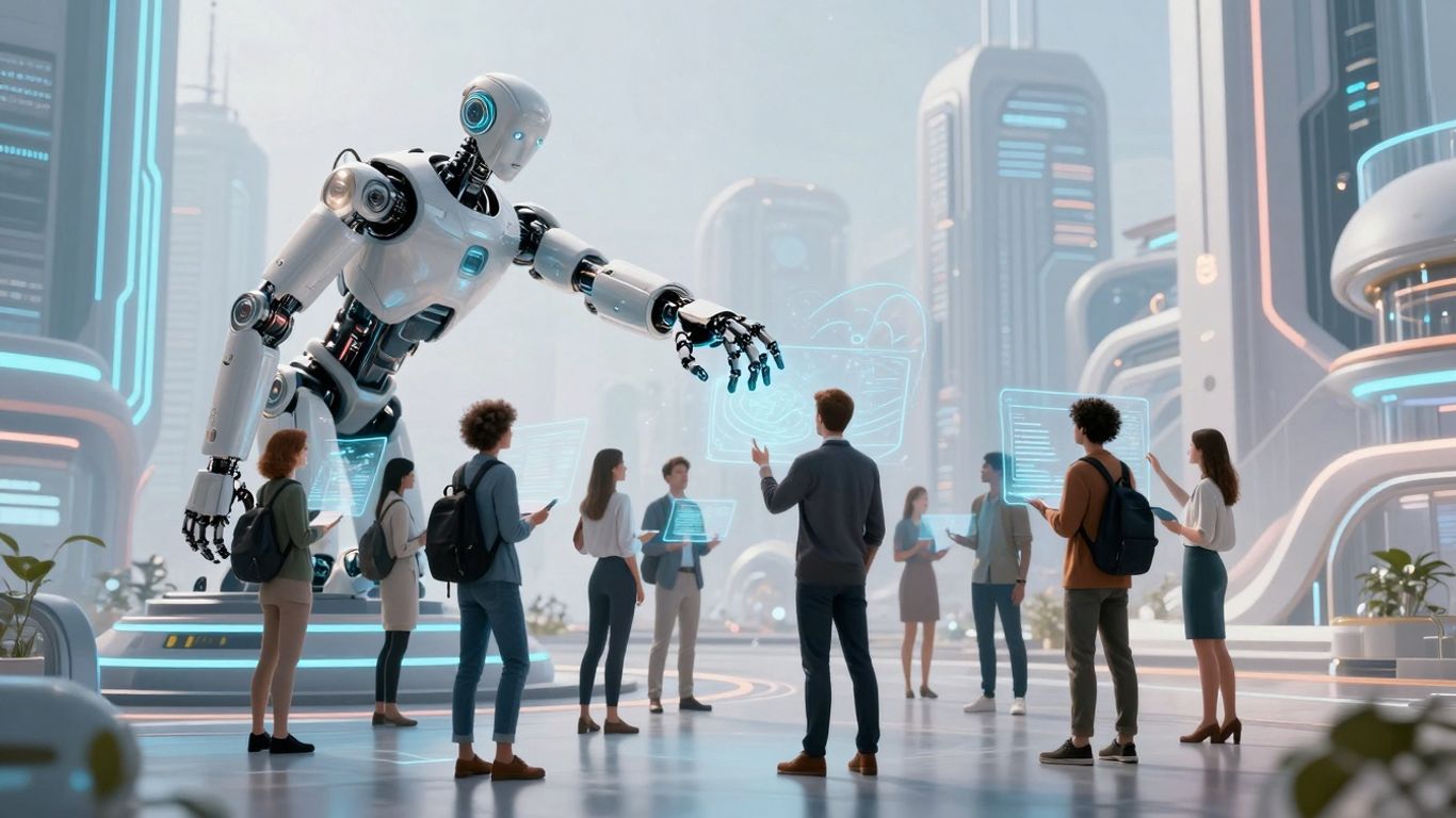 AI assisting customers with futuristic technology.