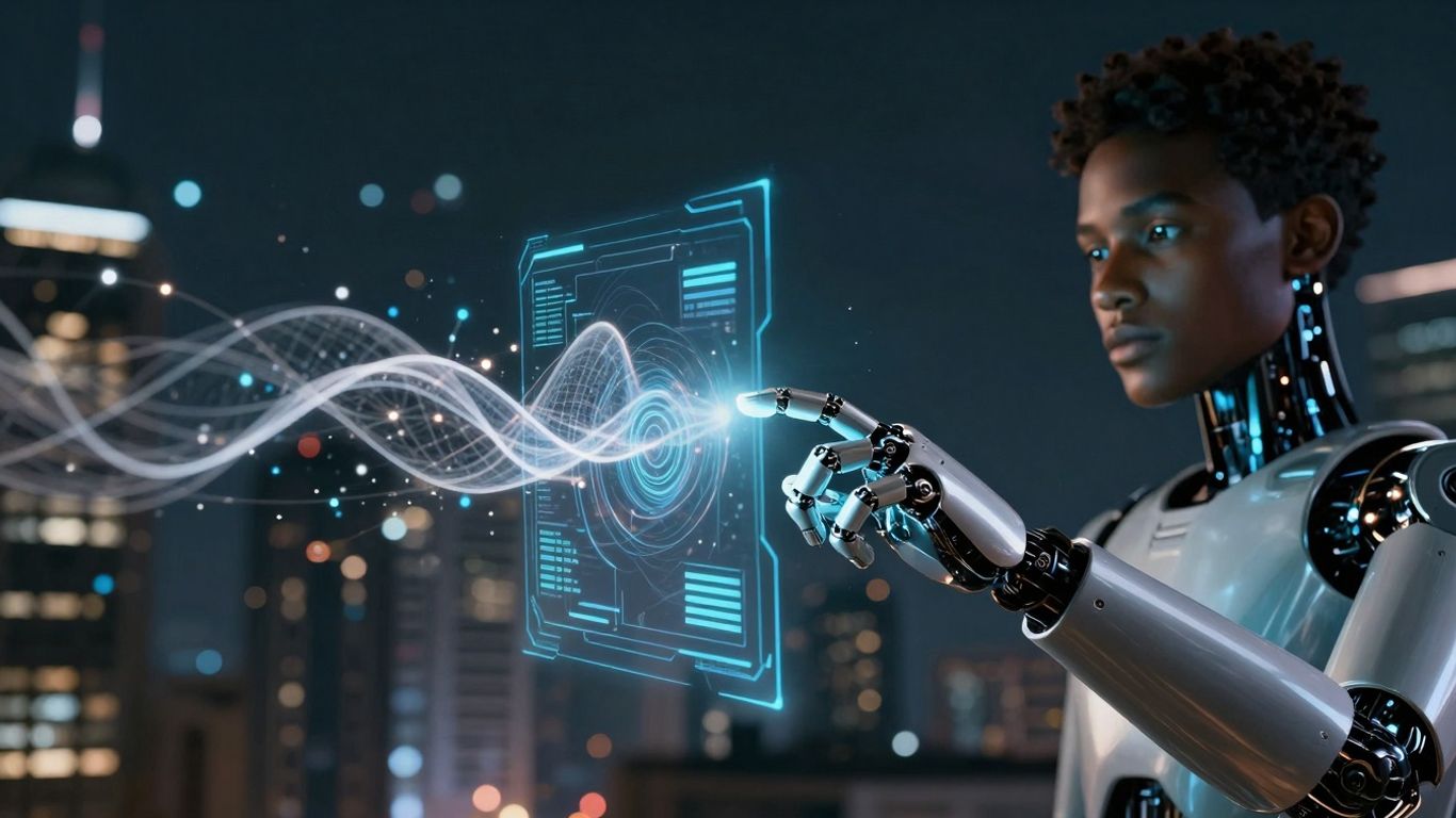 AI robot hand interacting with holographic interface