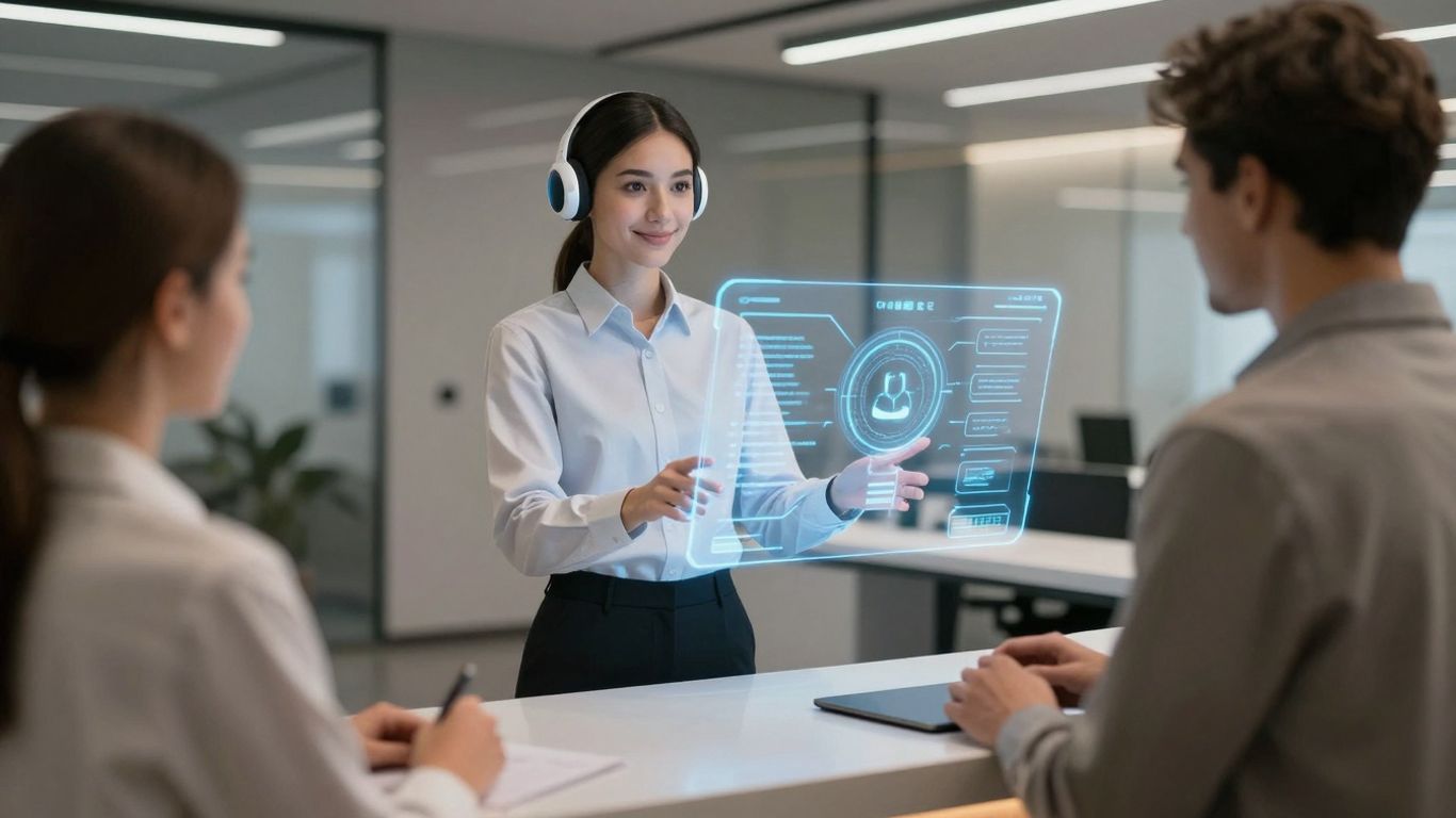AI assistant at a futuristic customer support desk.