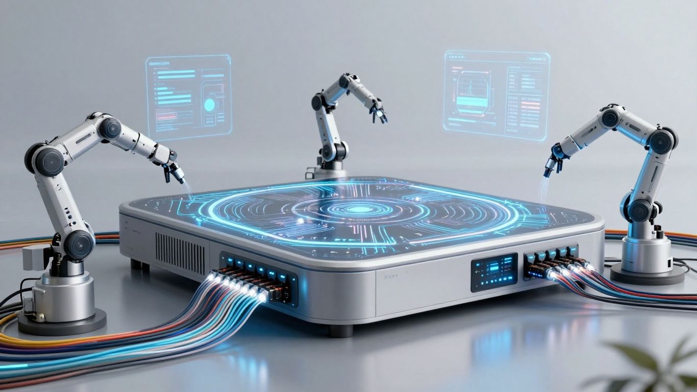 AI and telecom network with glowing cables and circuitry.