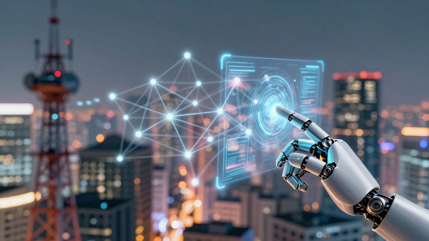 AI and telecom towers with digital connections.