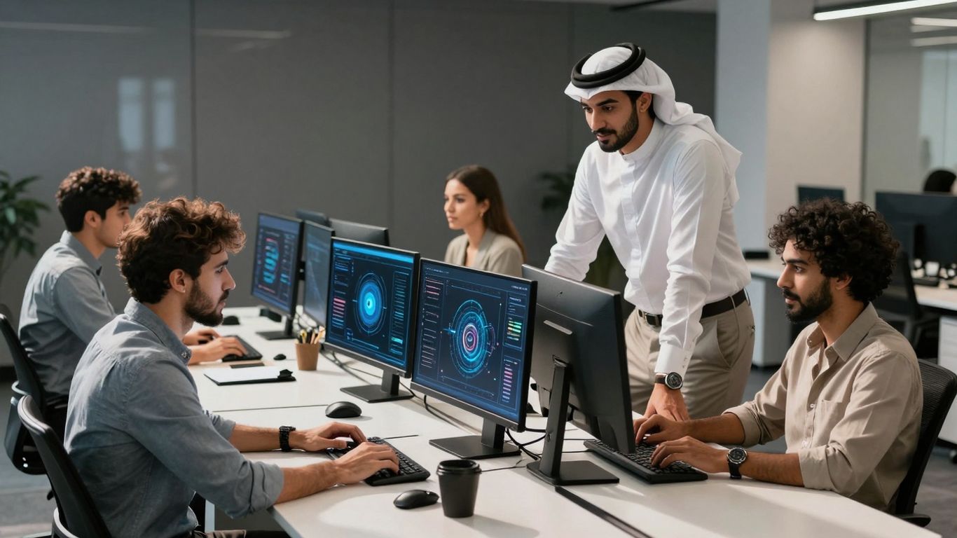 Team collaborating with AI technology in office