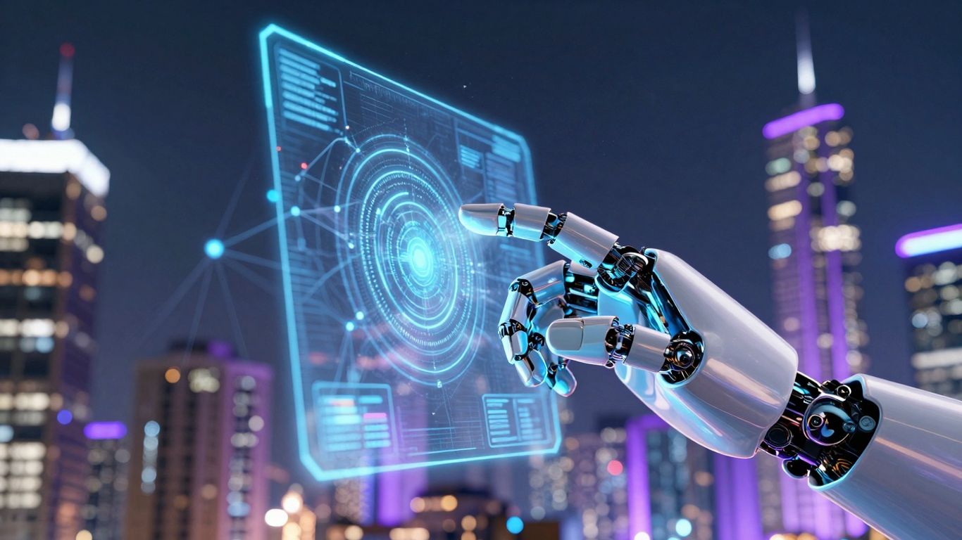 AI robot hand interacting with futuristic interface