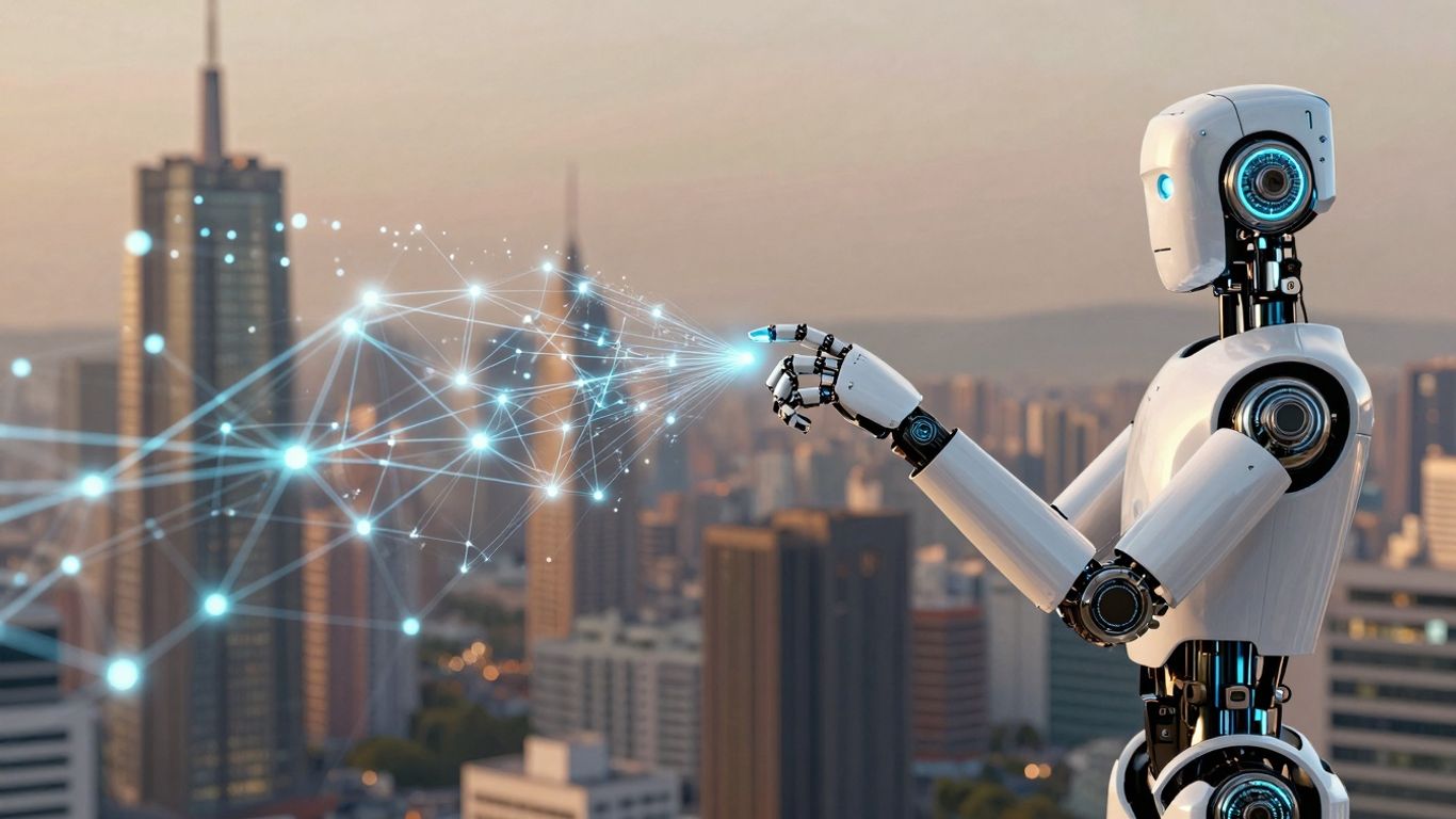 Robot arm interacting with digital data streams.