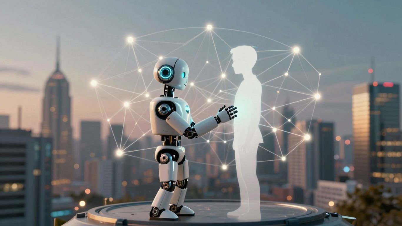 Robot and human interacting with digital connections.
