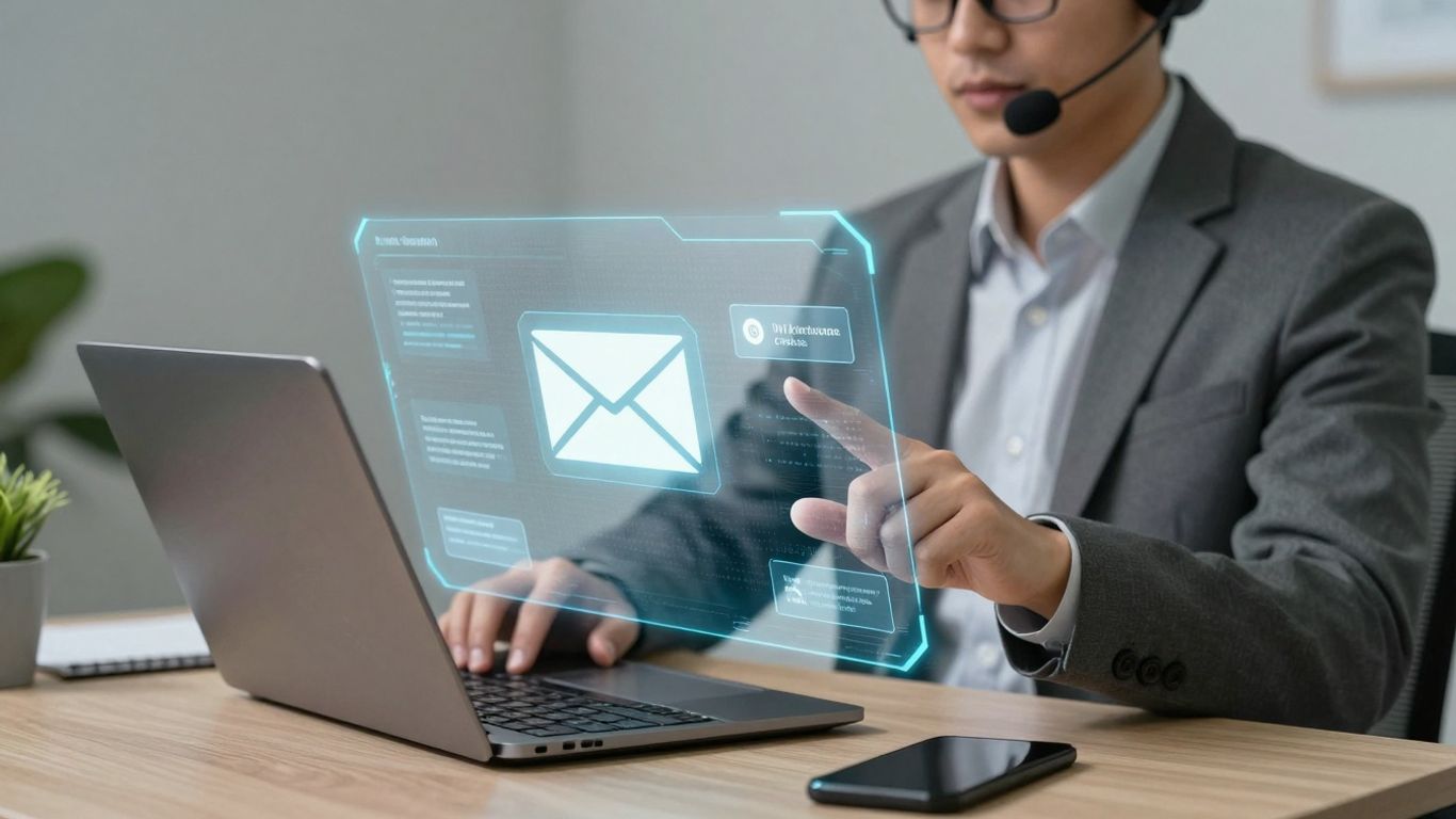 AI automating customer service emails with holographic interface.
