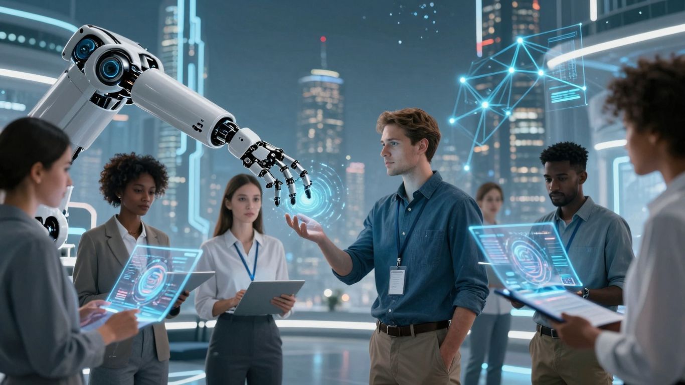 AI assisting customers with futuristic technology.