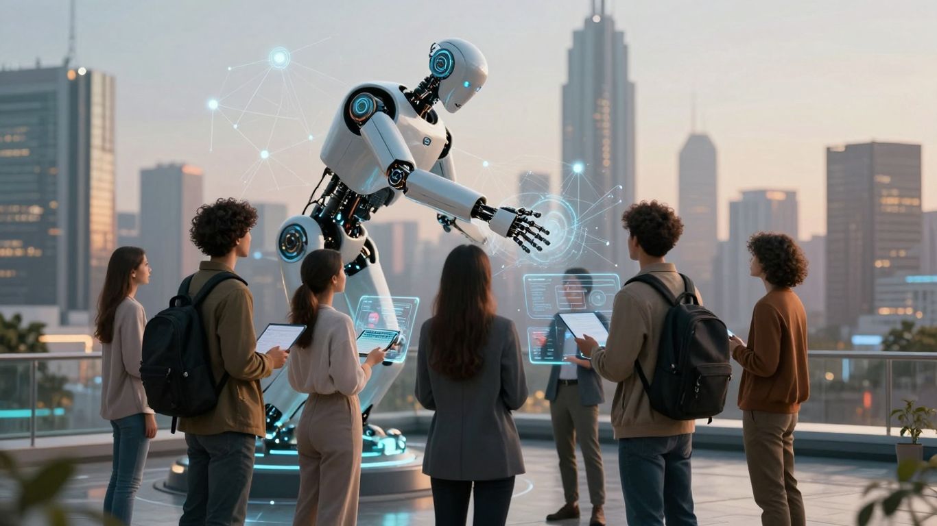 AI assisting customers with futuristic interfaces.