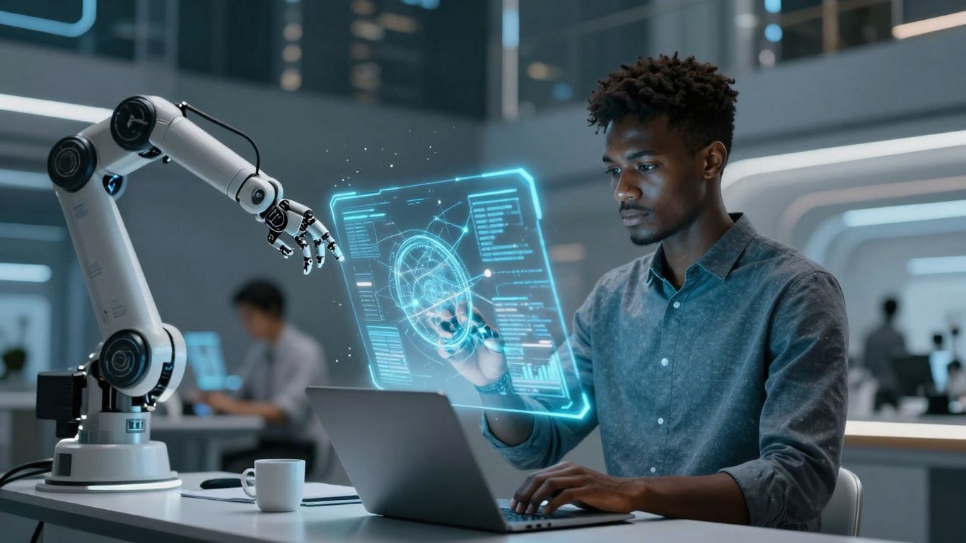 AI customer support automation futuristic cityscape