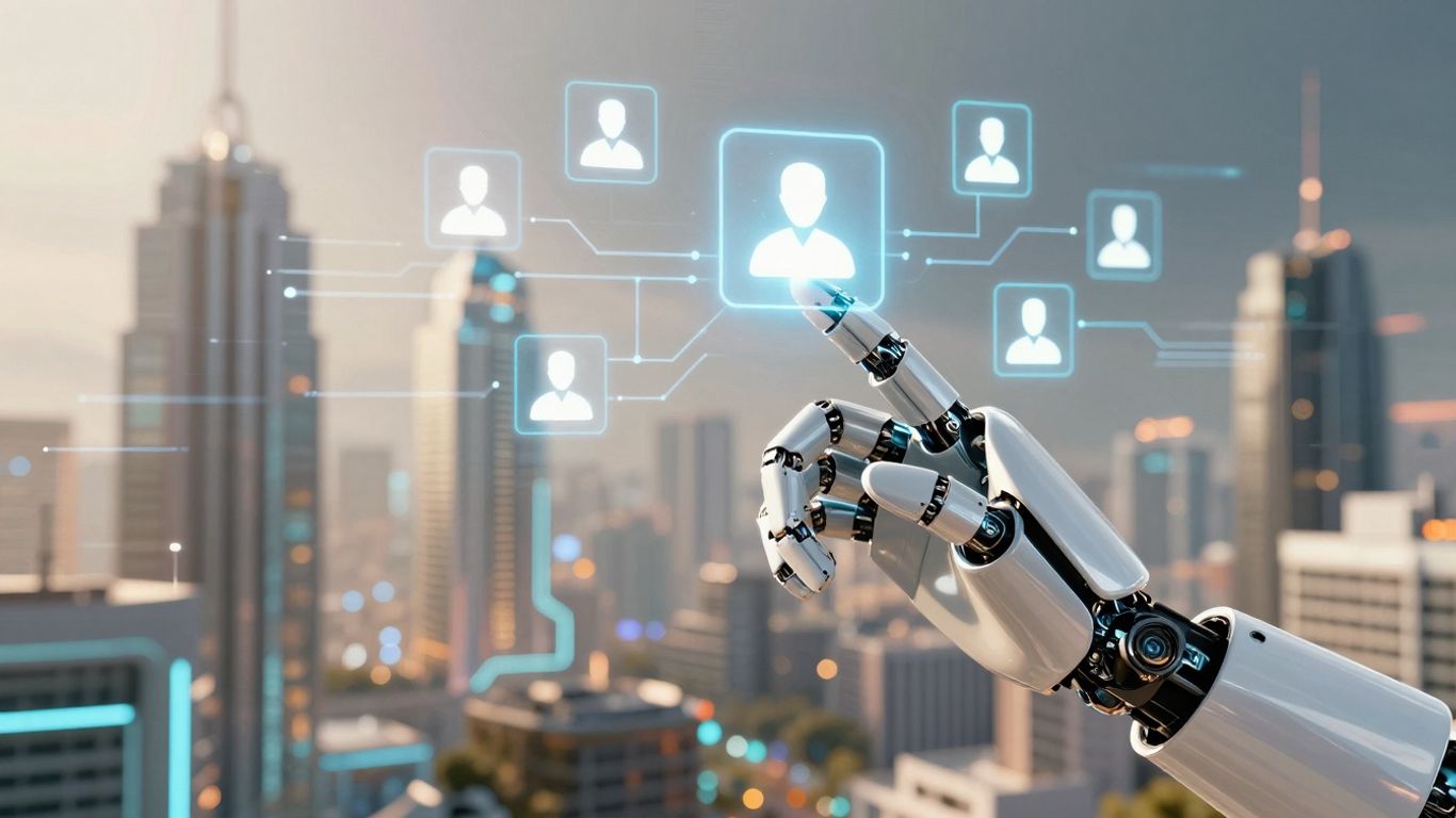 AI automation in customer support with futuristic elements.