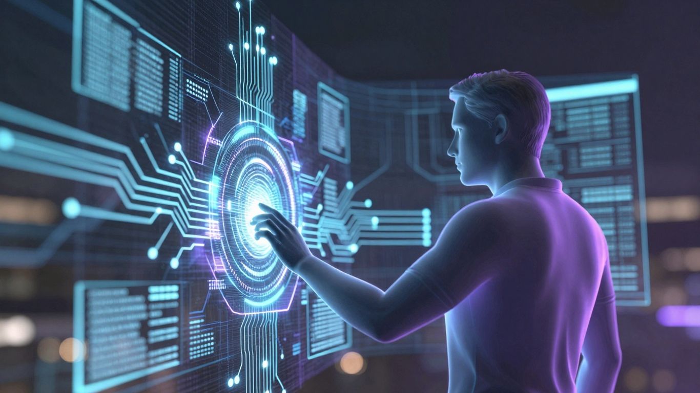 AI interface with human silhouette and digital patterns.