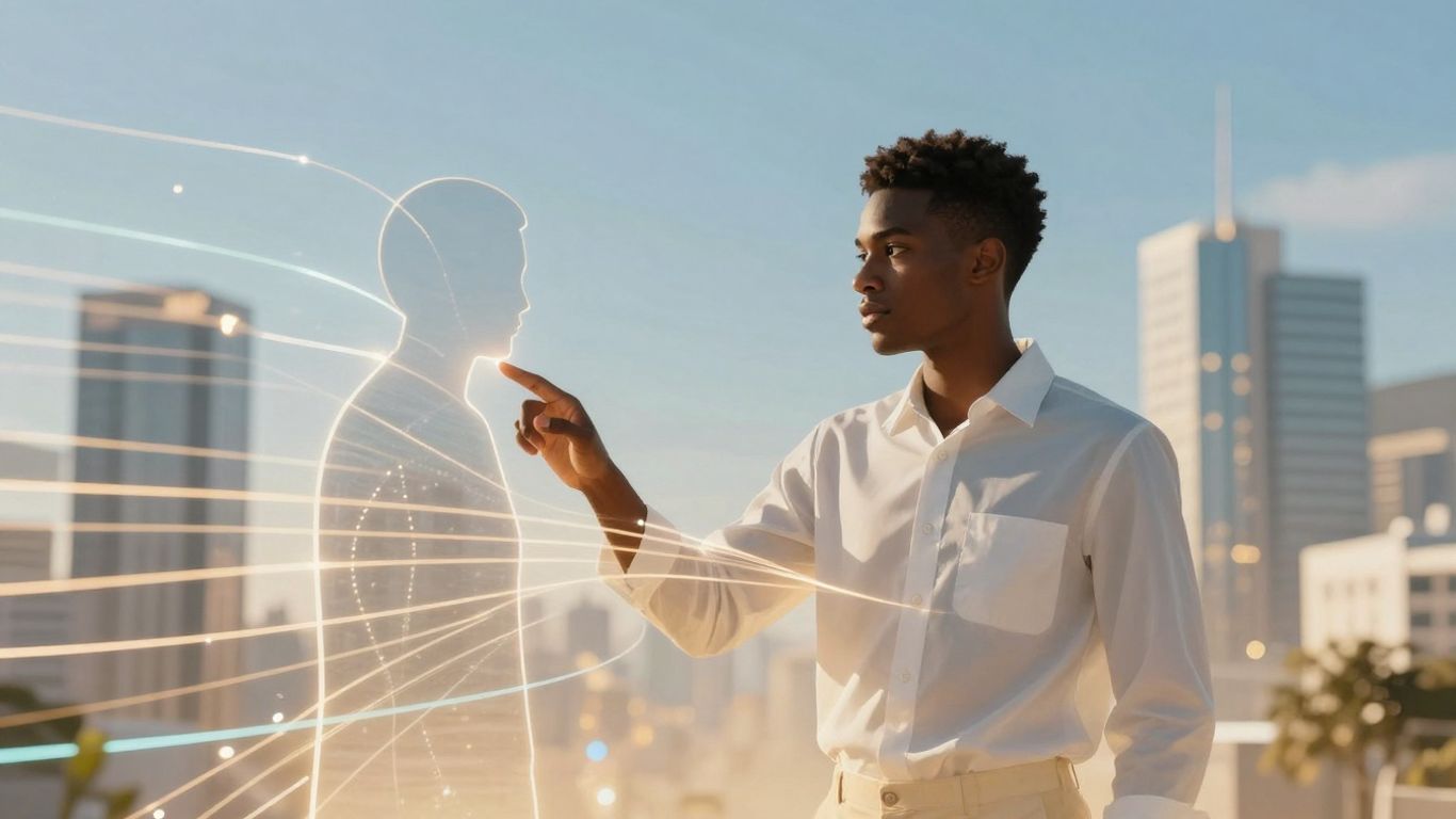 AI and human collaborating in a futuristic service environment.