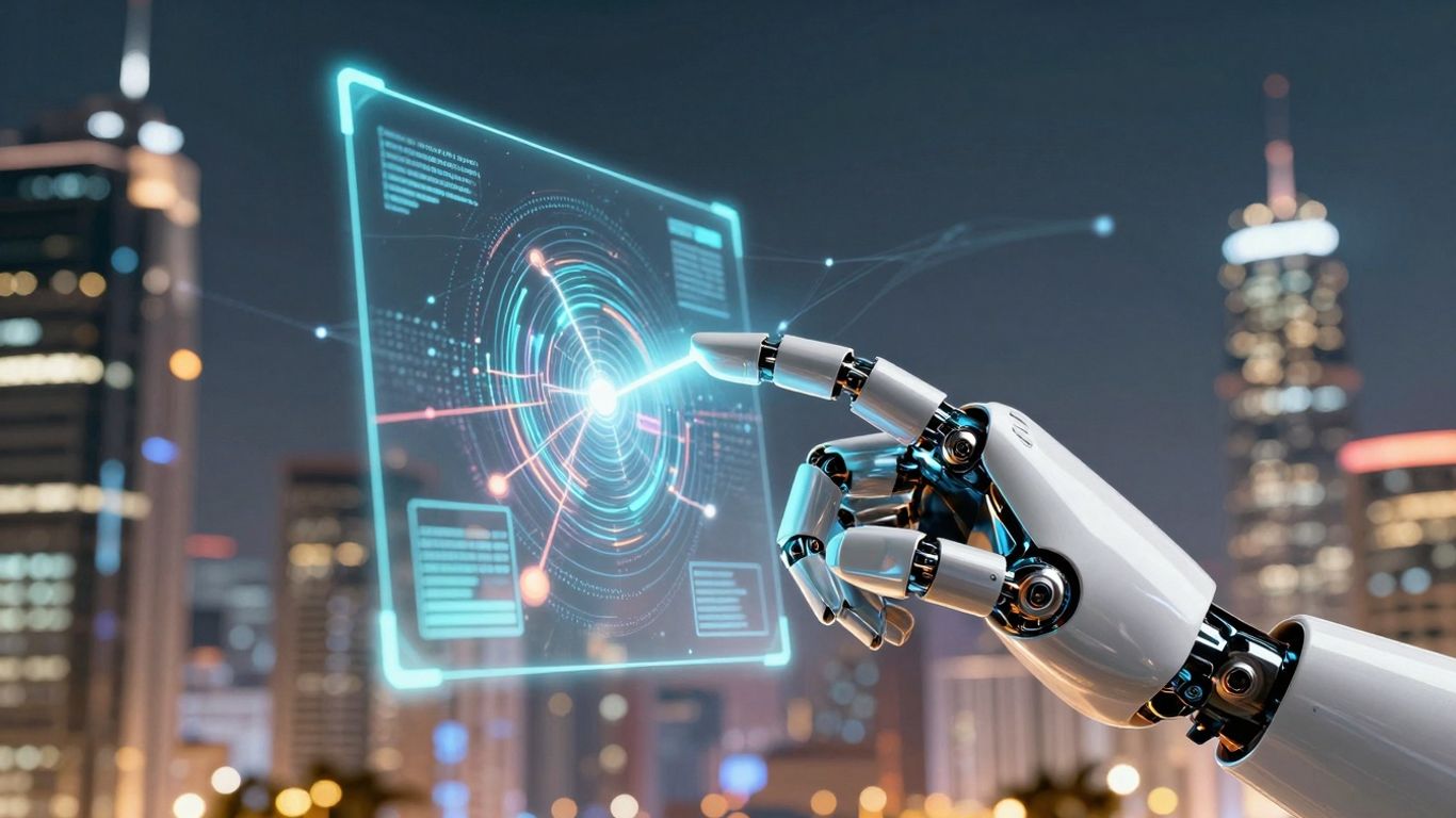 AI robot hand interacting with holographic interface.