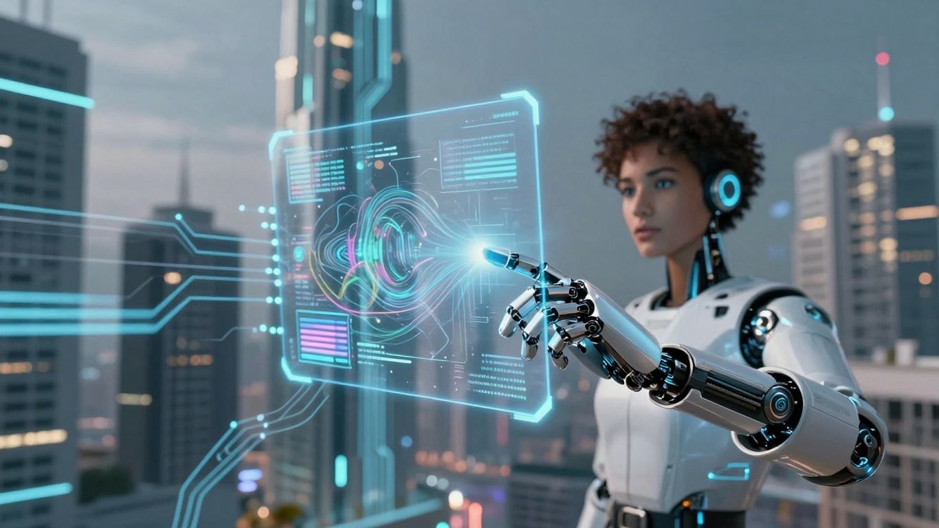 AI robot hand interacting with futuristic interface