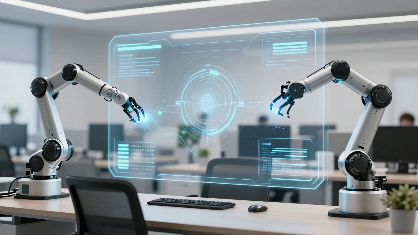 AI customer support automation interface with robotic arms.