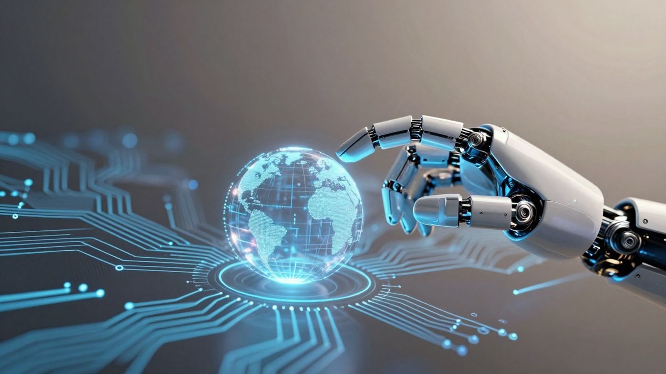 AI interface with robotic hand and digital sphere.