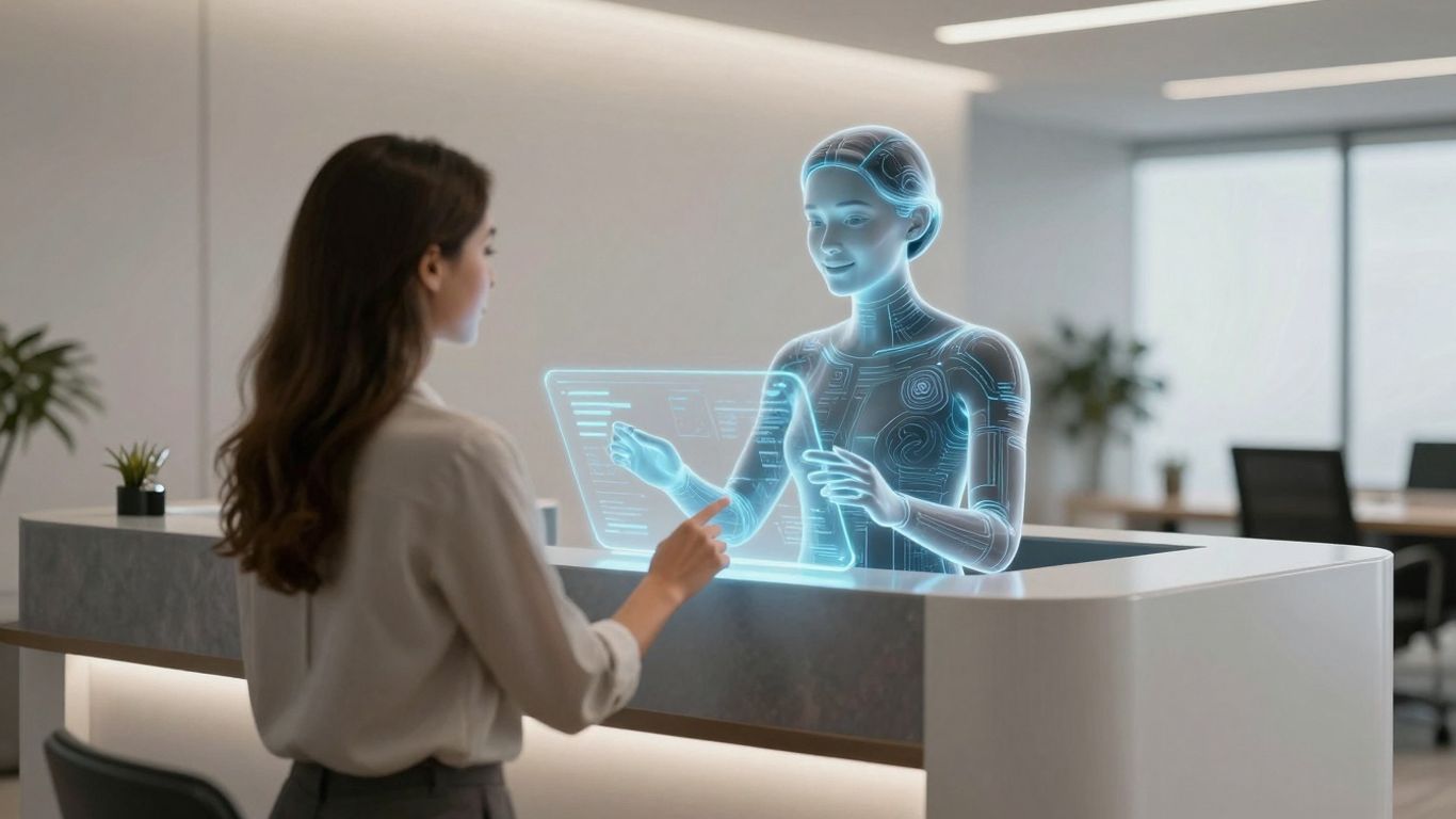 AI receptionist interface at a modern desk.