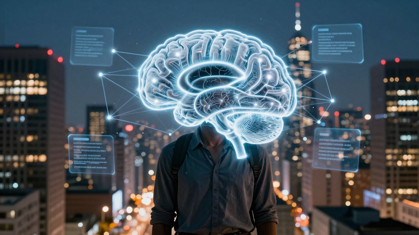 AI brain connecting a futuristic cityscape for 24/7 support.