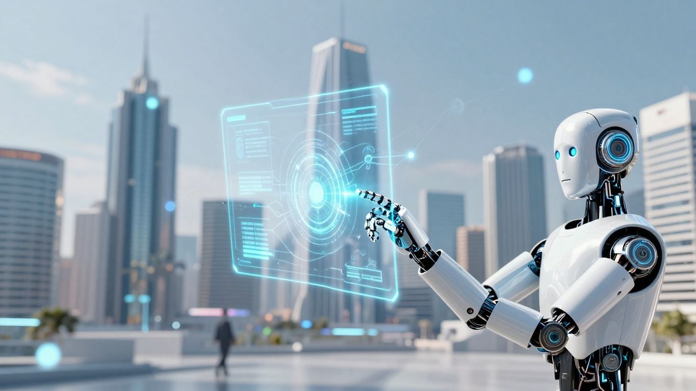 AI robot arm interacting with a digital interface.