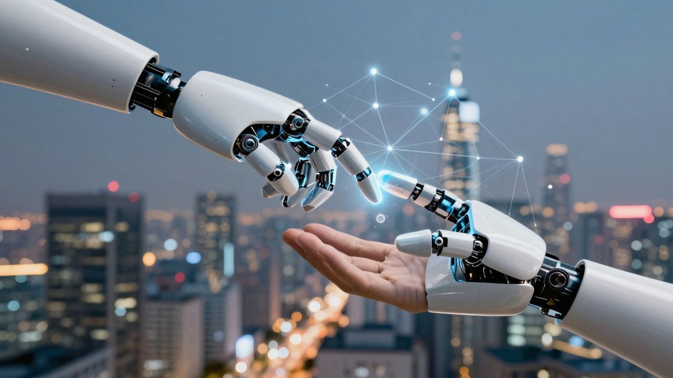 AI robot and human hands connecting in a digital world.