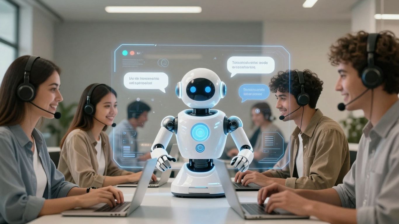 AI chatbot assisting happy customers with support.