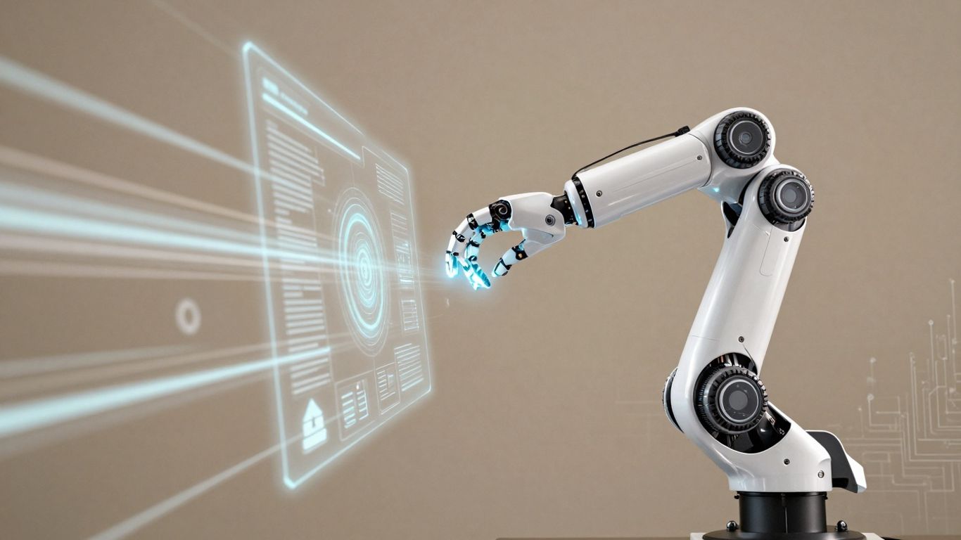 Robot arm interacting with glowing digital interfaces.