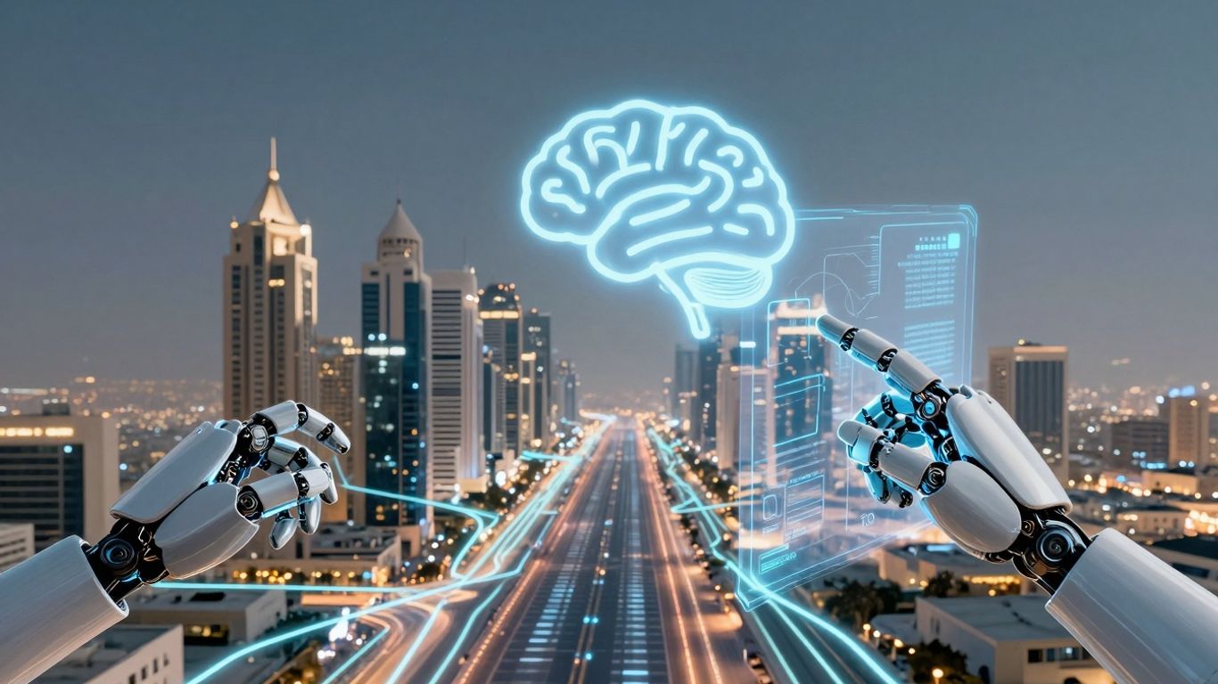 AI automating customer support with futuristic technology.