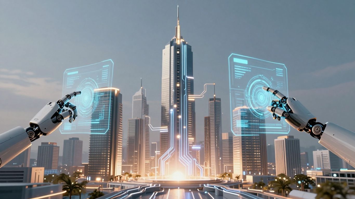 AI customer support automation cityscape with robotic hands and holograms.